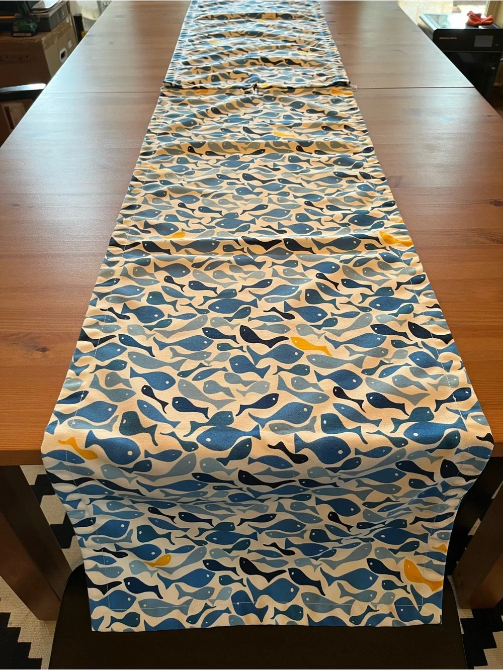 Pottery Barn Outdoor Table Runner School of Fish Blue 2pc Umbrella Hole 18x108